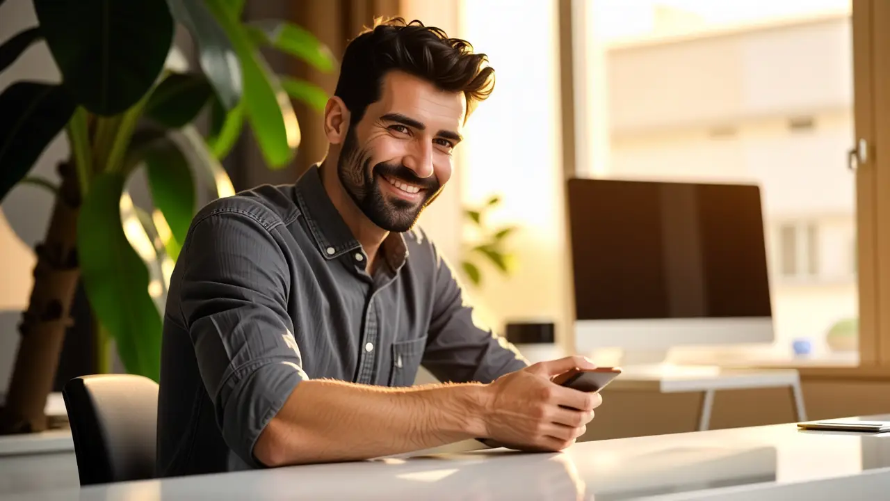 Un hombre moderno luce en estudio cálido