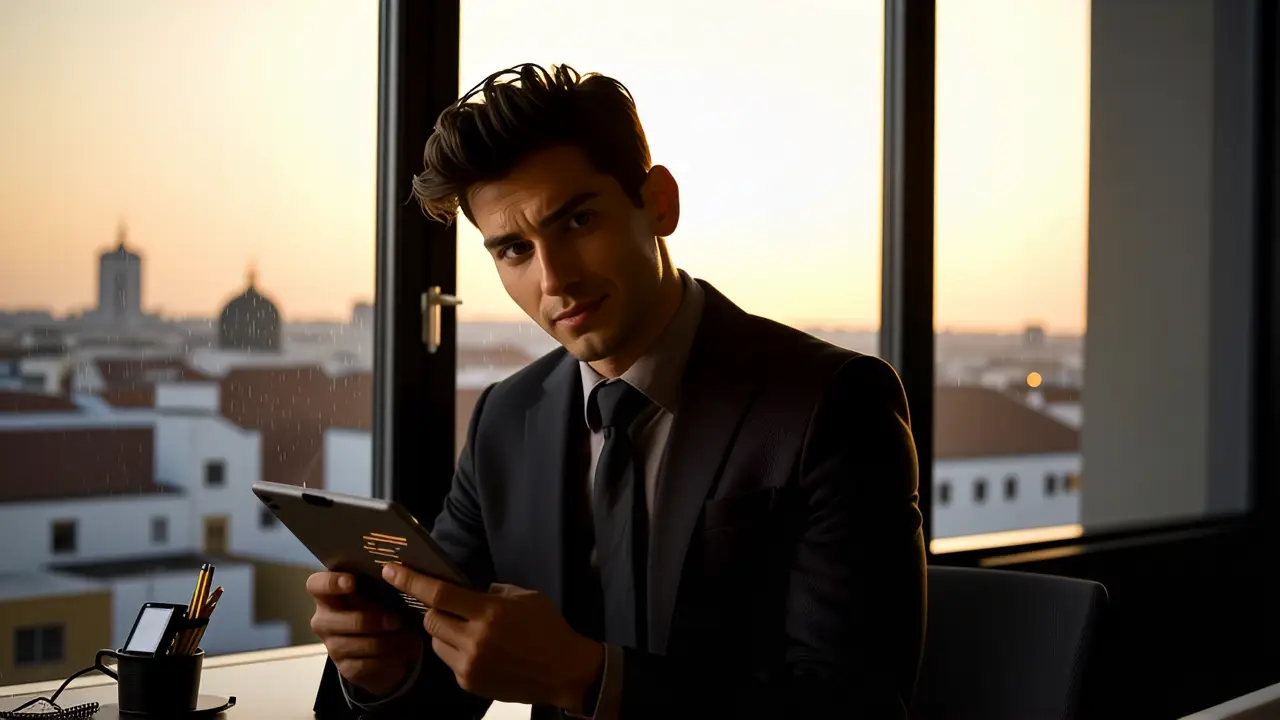 Un hombre pensativo en Barcelona, con tecnología y misterio