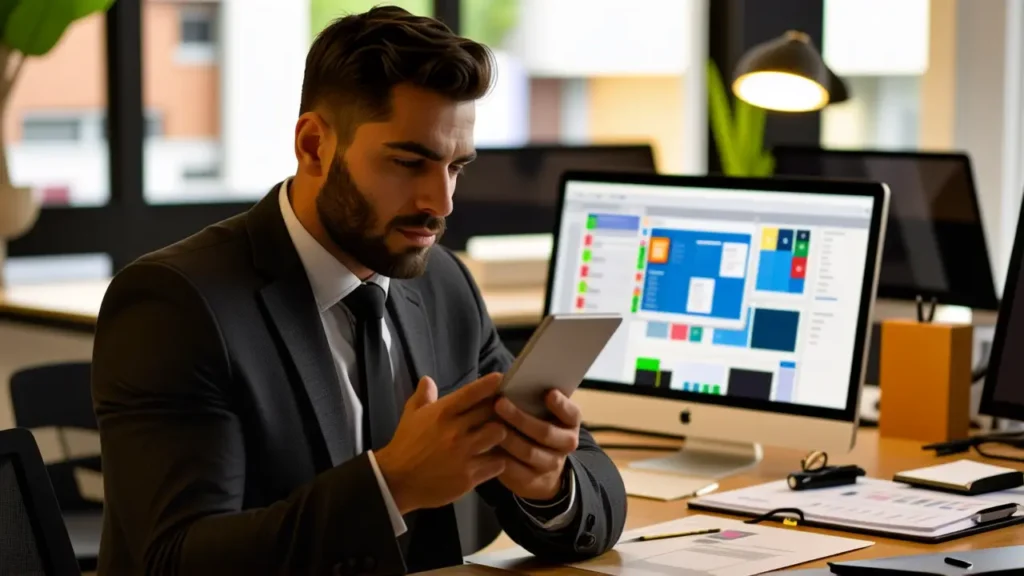 Un hombre pensativo examina una tablet en oficina