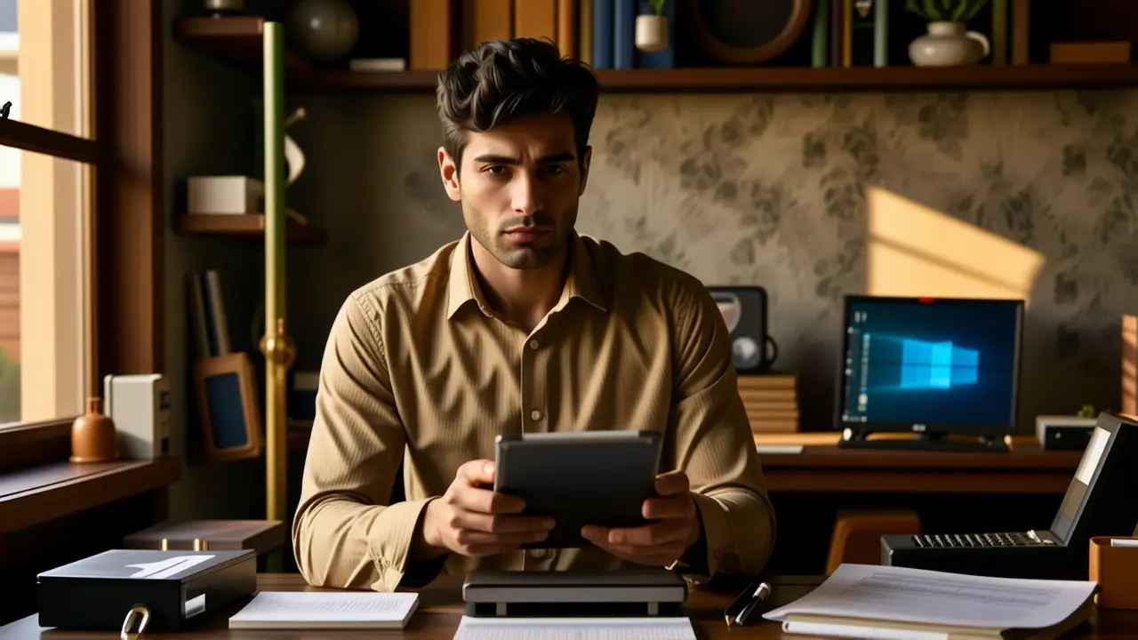 Un hombre pensativo observa una pantalla antigua