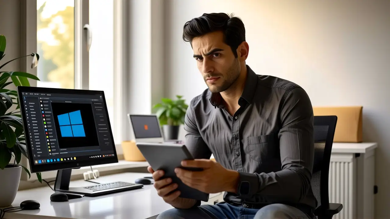 Un hombre frustrado observa su escritorio digital
