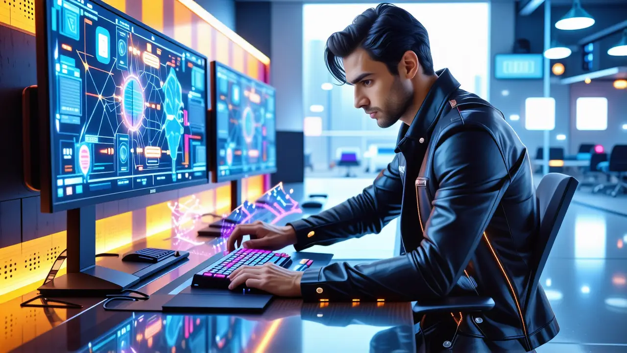 Un hombre serio trabaja en una oficina futurista