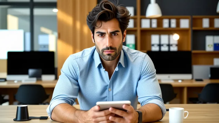 Un hombre pensativo sostiene una tableta en ambiente cálido