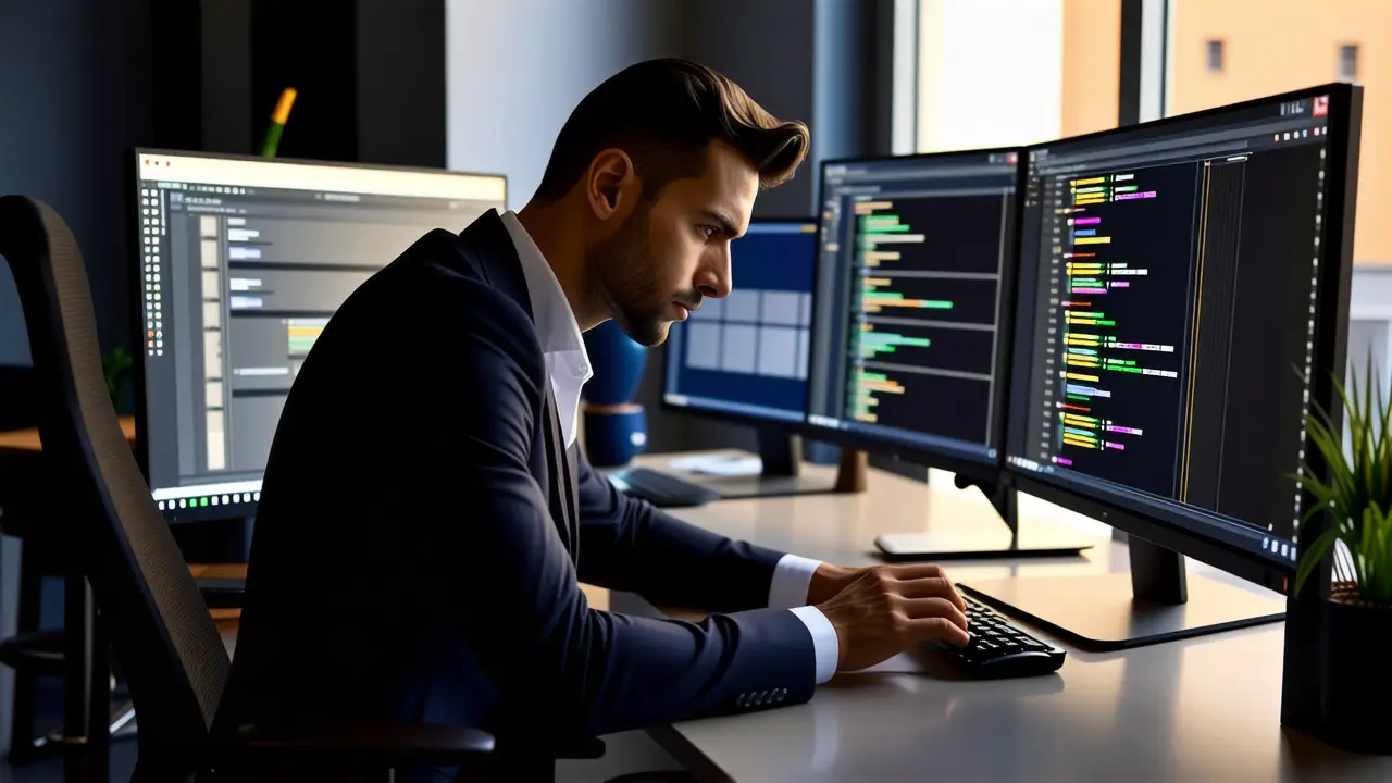 Un hombre examina una pantalla técnica en oficina