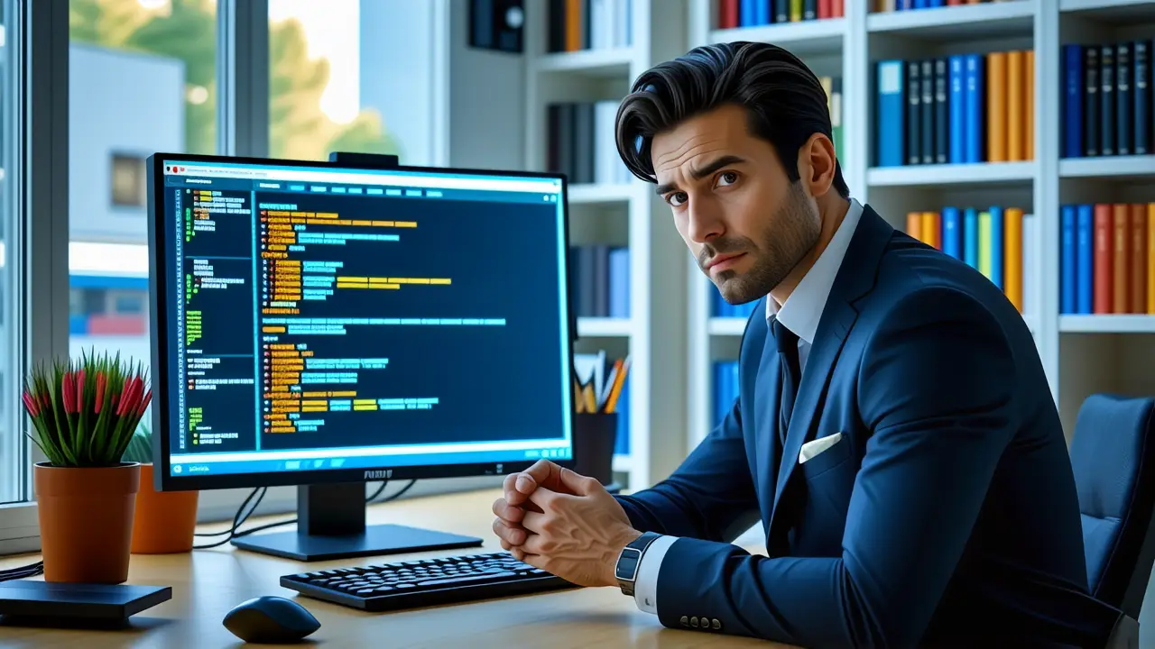 Un hombre serio usa una tableta en oficina moderna