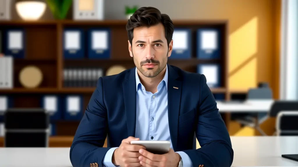 Un hombre serio con traje moderno