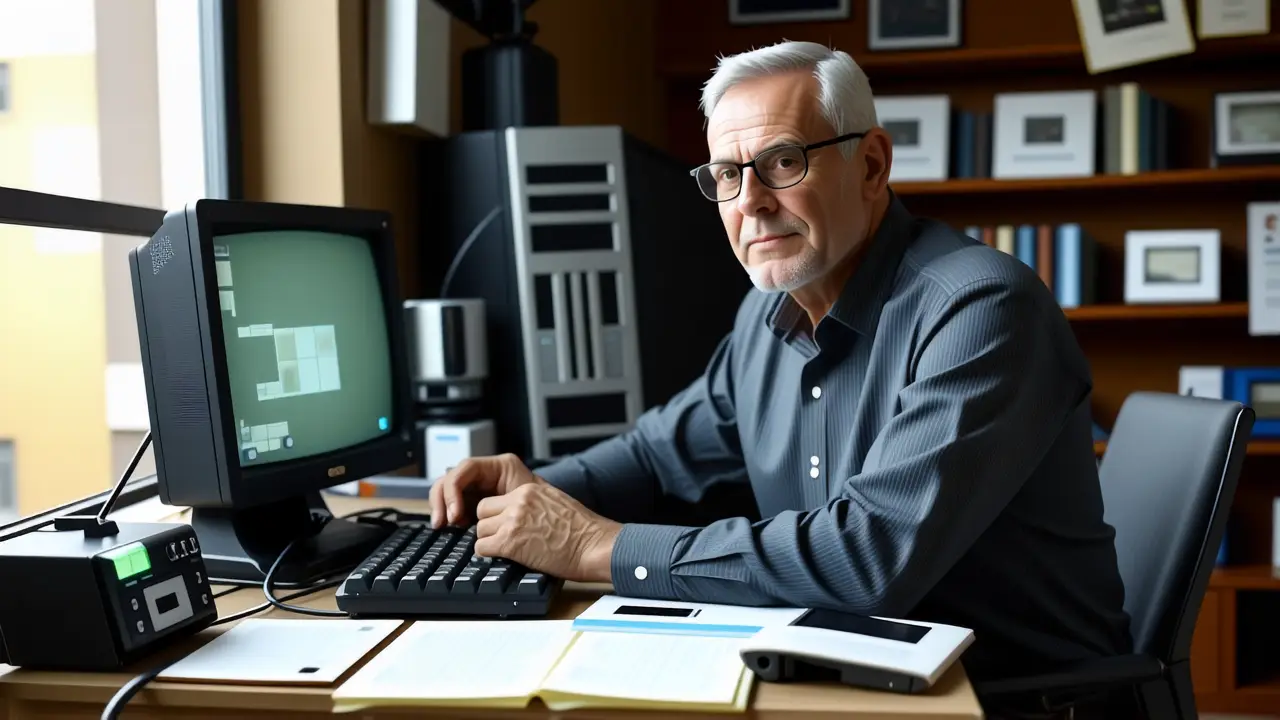 Windows XP Año: Historia y Evolución 2 Un hombre reflexivo observa tecnología vintage