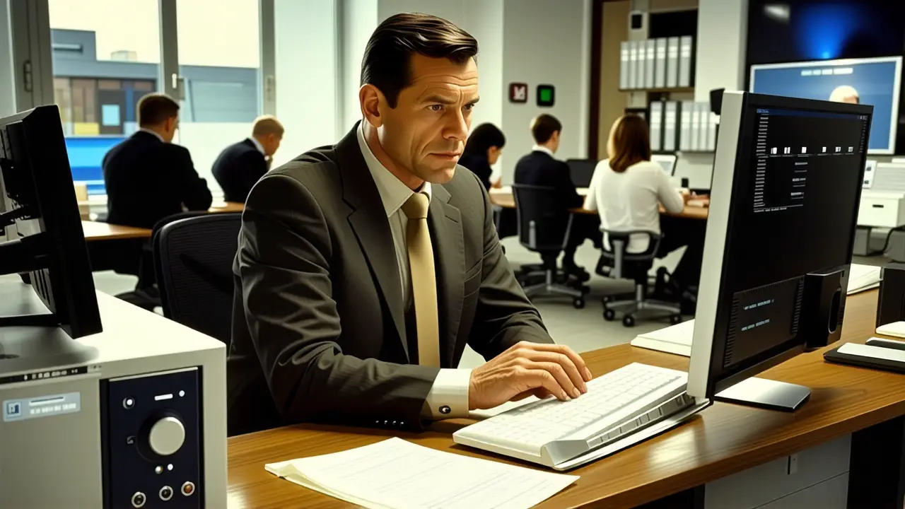 Windows XP Año: Historia y Evolución 3 Un hombre piensa en la informática vintage