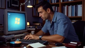 Un hombre contempla la nostalgia digital en retro