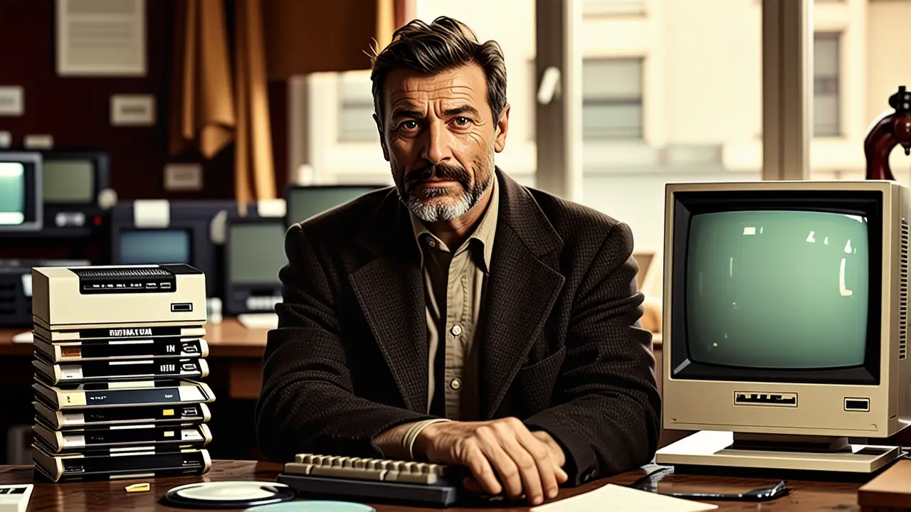 Windows XP Año: Historia y Evolución 4 Un hombre melancólico observa la tecnología vintage