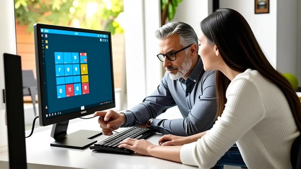 Un hombre ayuda a una mujer en tutorial digital