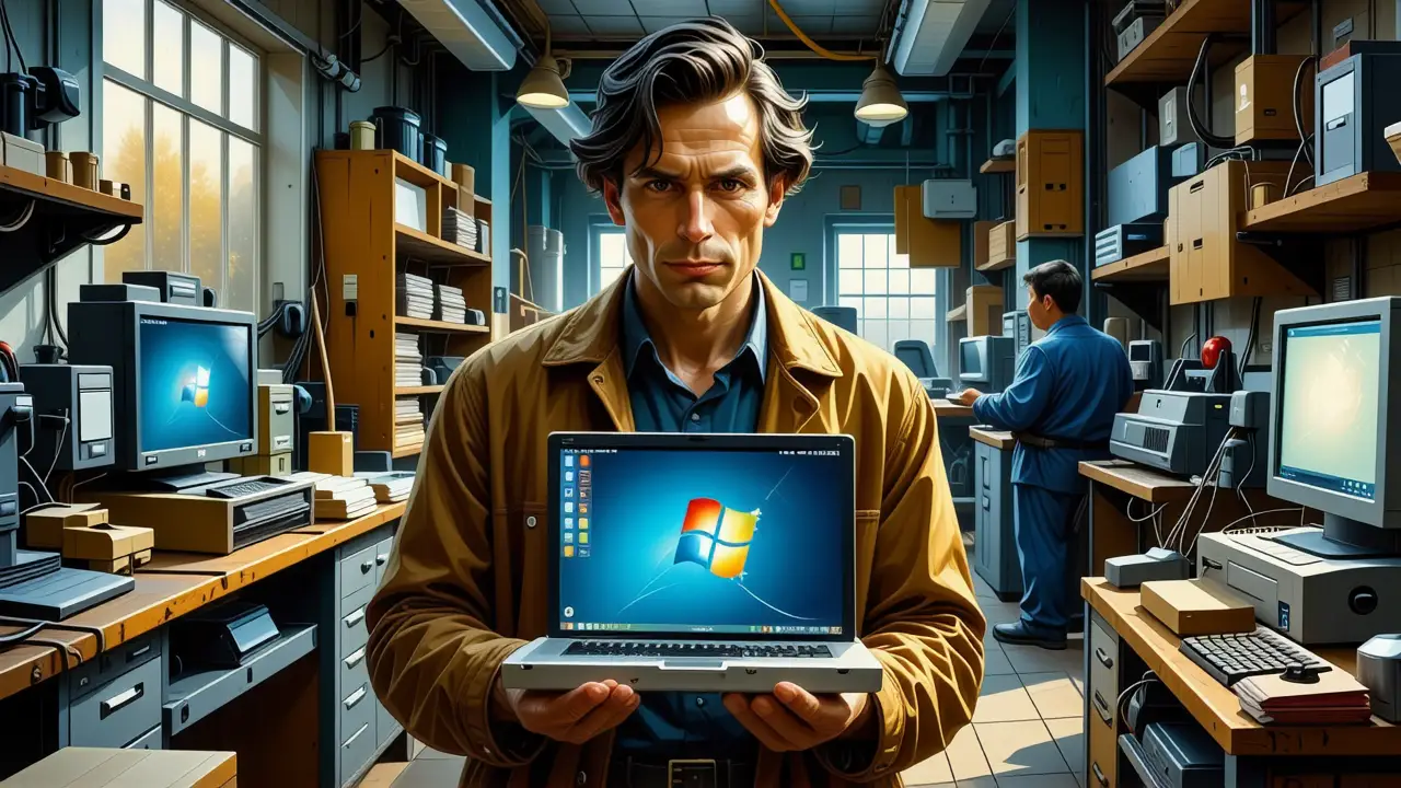 Un hombre serio usa una laptop antigua